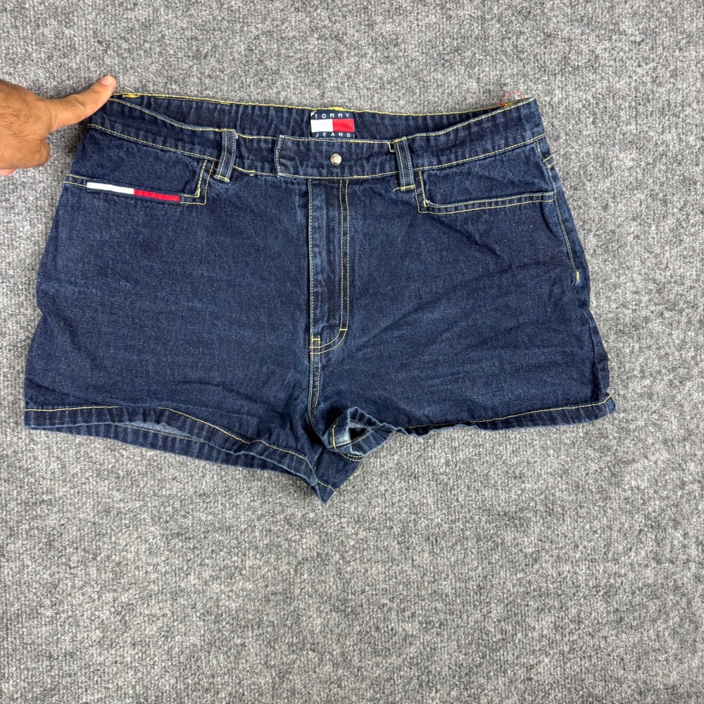 Tommy Jeans Denim Shorts Womens Size 13 Dark Wash Cotton Flag Logo Vintage Fit